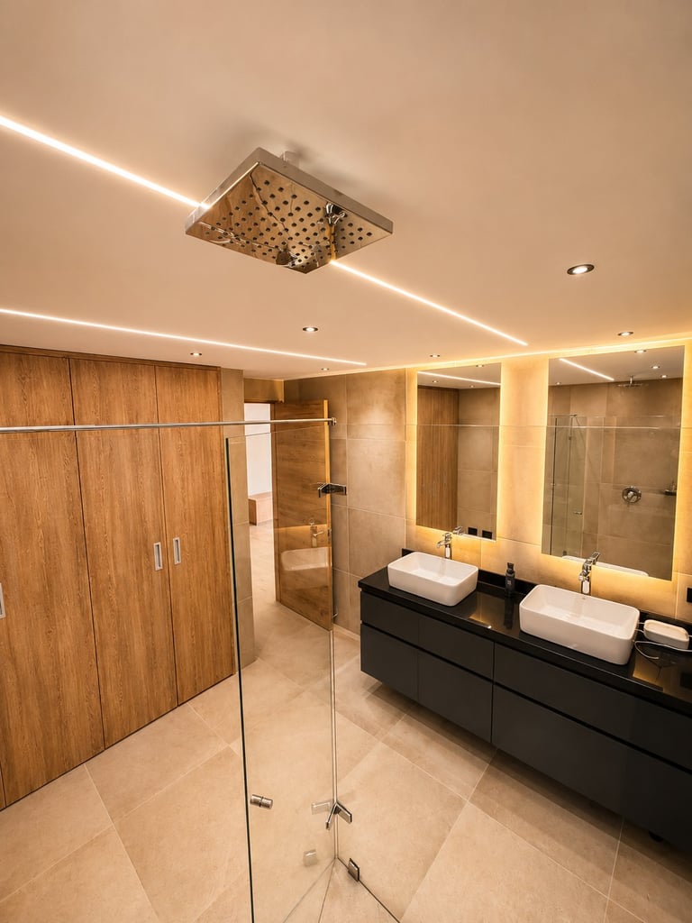 Modern luxury bathroom with walk-in shower, double vanity, wooden cabinetry, and linear ceiling lights