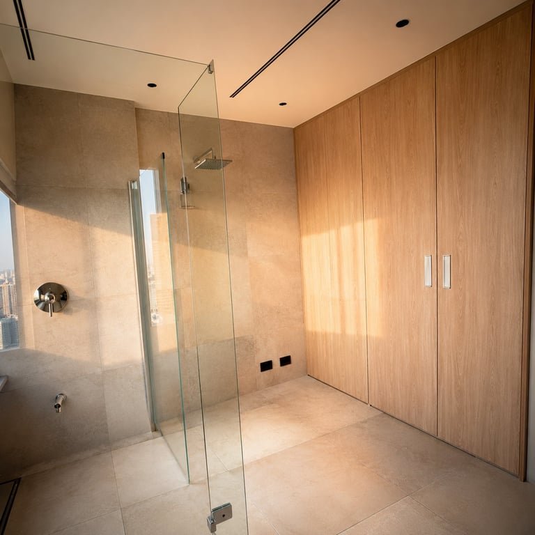 Modern bathroom with large walk-in shower, glass enclosure, wooden wall paneling, and recessed ceiling lights