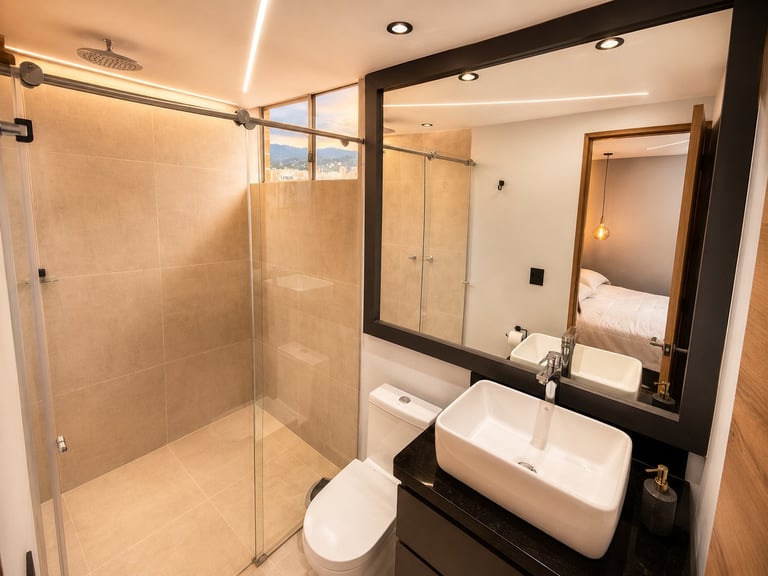 Modern bathroom with glass shower enclosure, white rectangular sink, black vanity, and toilet
