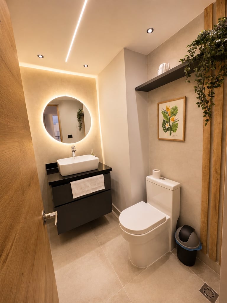 Modern bathroom with circular illuminated mirror, black vanity with white vessel sink, toilet, potted plant, and warm LED ceiling lighting