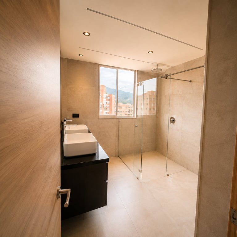 Modern bathroom with large glass shower enclosure, black vanity with dual sinks, recessed lighting, and city views through windows