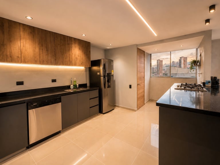 Modern kitchen with dark cabinetry, stainless steel appliances, white countertops, and city skyline view