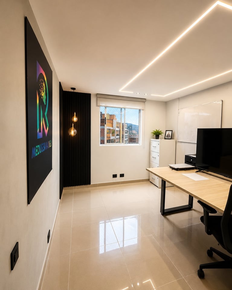 Modern office room with neon sign on wall, desk with computer, pendant lights, window with city view, and polished floor