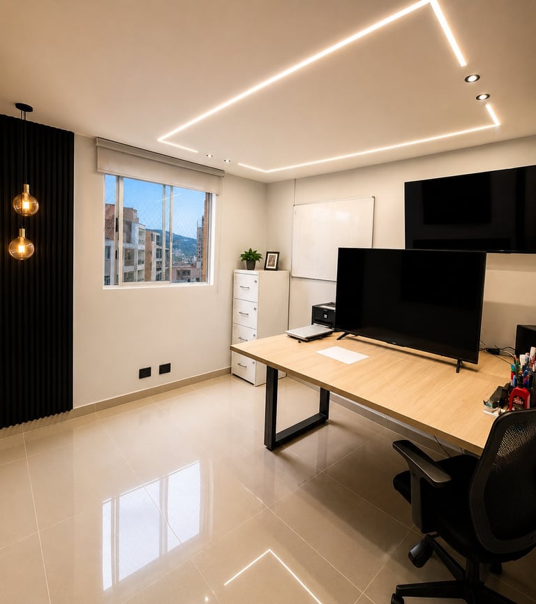 Modern office room with desk, computer monitor, black chair, city view window, LED ceiling lights, and pendant lights by curtain