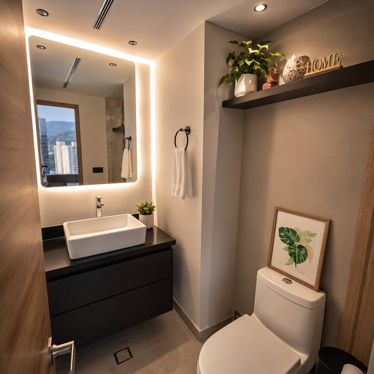 Modern bathroom with illuminated mirror, black vanity with white vessel sink, toilet, floating shelf with plants, and botanical wall art