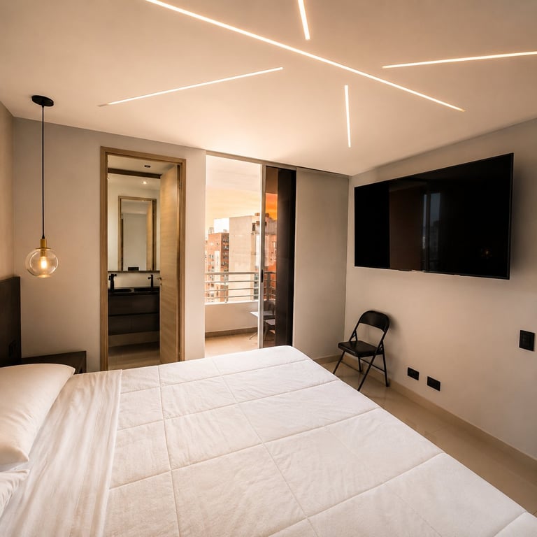 Modern bedroom with white bed, geometric ceiling lights, wall-mounted TV, pendant lamp, and glass balcony door overlooking city