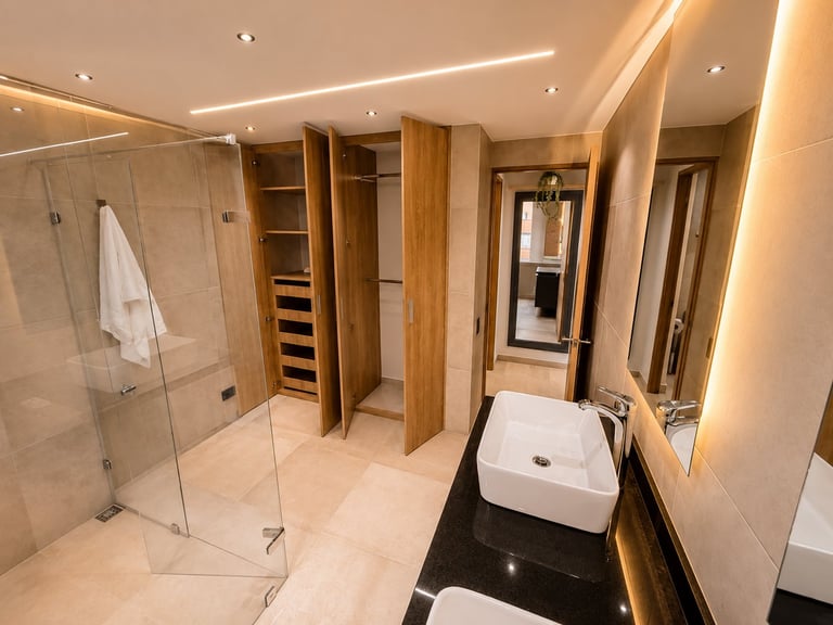 Modern luxury bathroom with walk-in shower, wooden cabinetry, freestanding tub, warm ambient lighting, and elegant stone finishes
