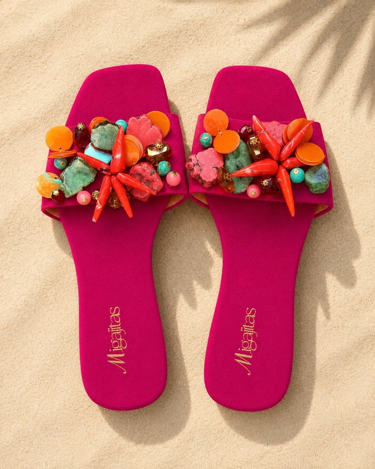 Pair of bright magenta slip-on sandals with colorful beaded flower decorations on the straps, displayed on sand