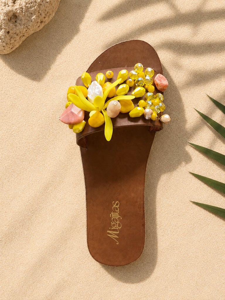 Brown slide sandal decorated with yellow flowers and colorful beads on sandy beach background