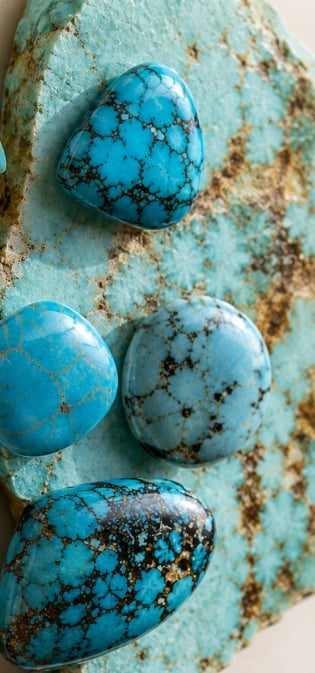 Four polished turquoise stones with brown veining arranged on a weathered blue-green surface with rust spots