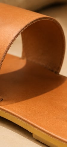 Rolled sheet of tan leather with stitched edge resting on wooden base