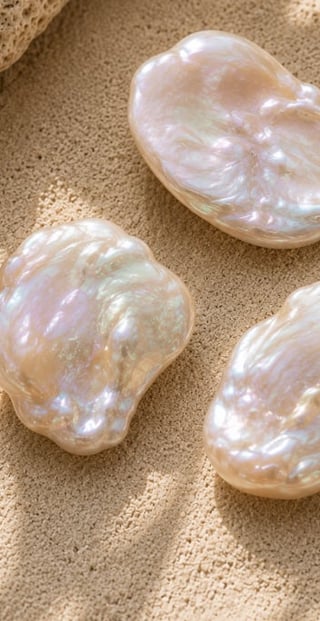 Three lustrous baroque pearls with iridescent surface lying on sand