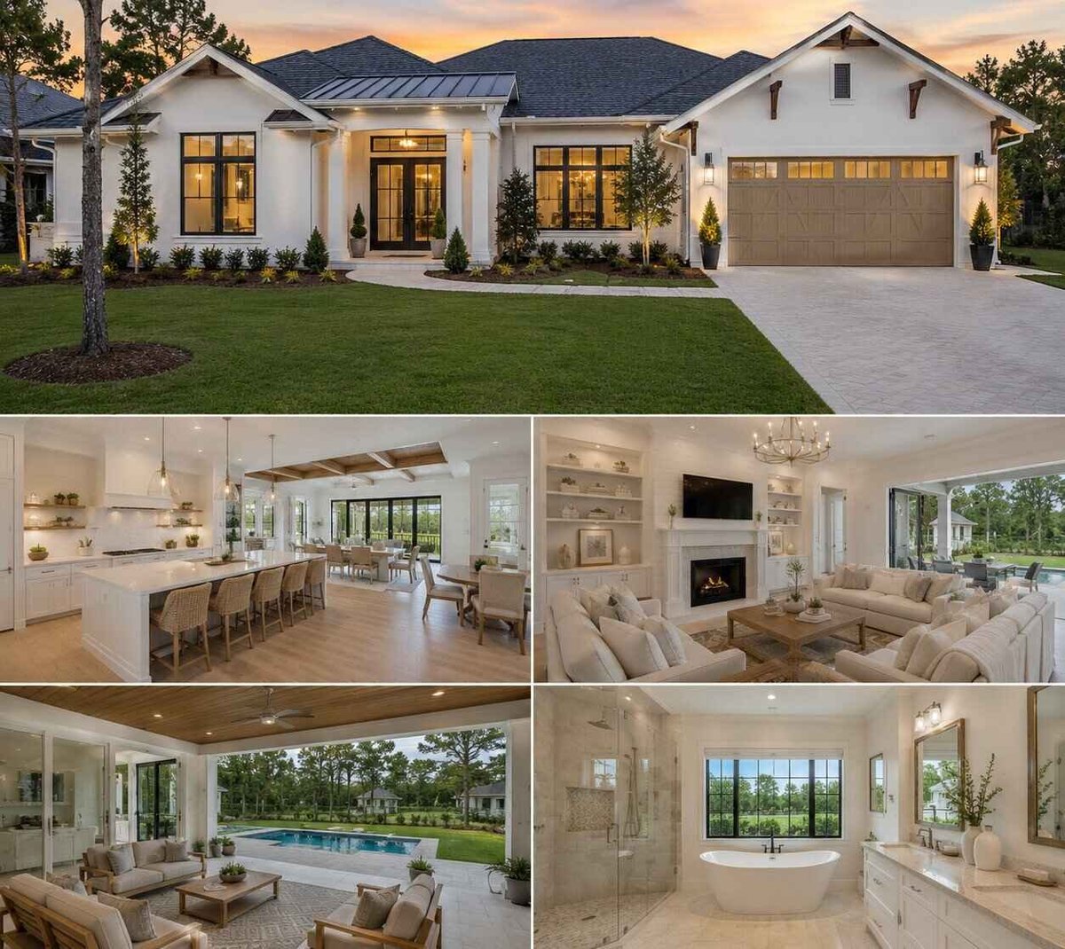 Modern white house with multiple interior views showing kitchen, living room, bathroom, and pool area