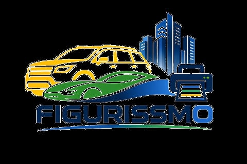 Figurissmo logo featuring yellow and green cars, a delivery truck, and city buildings