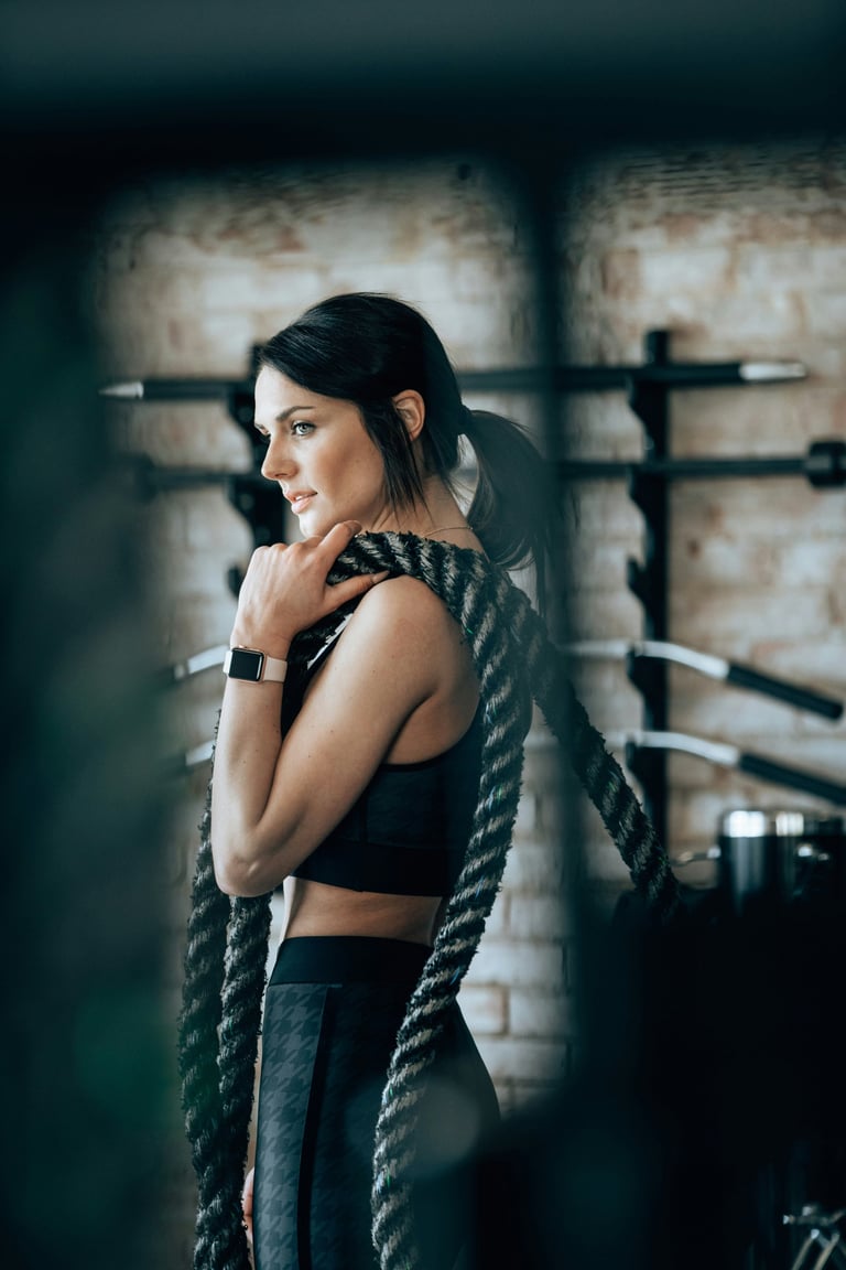 Woman in gym attire holding a battle rope over her shoulder, posing in an industrial fitness facility