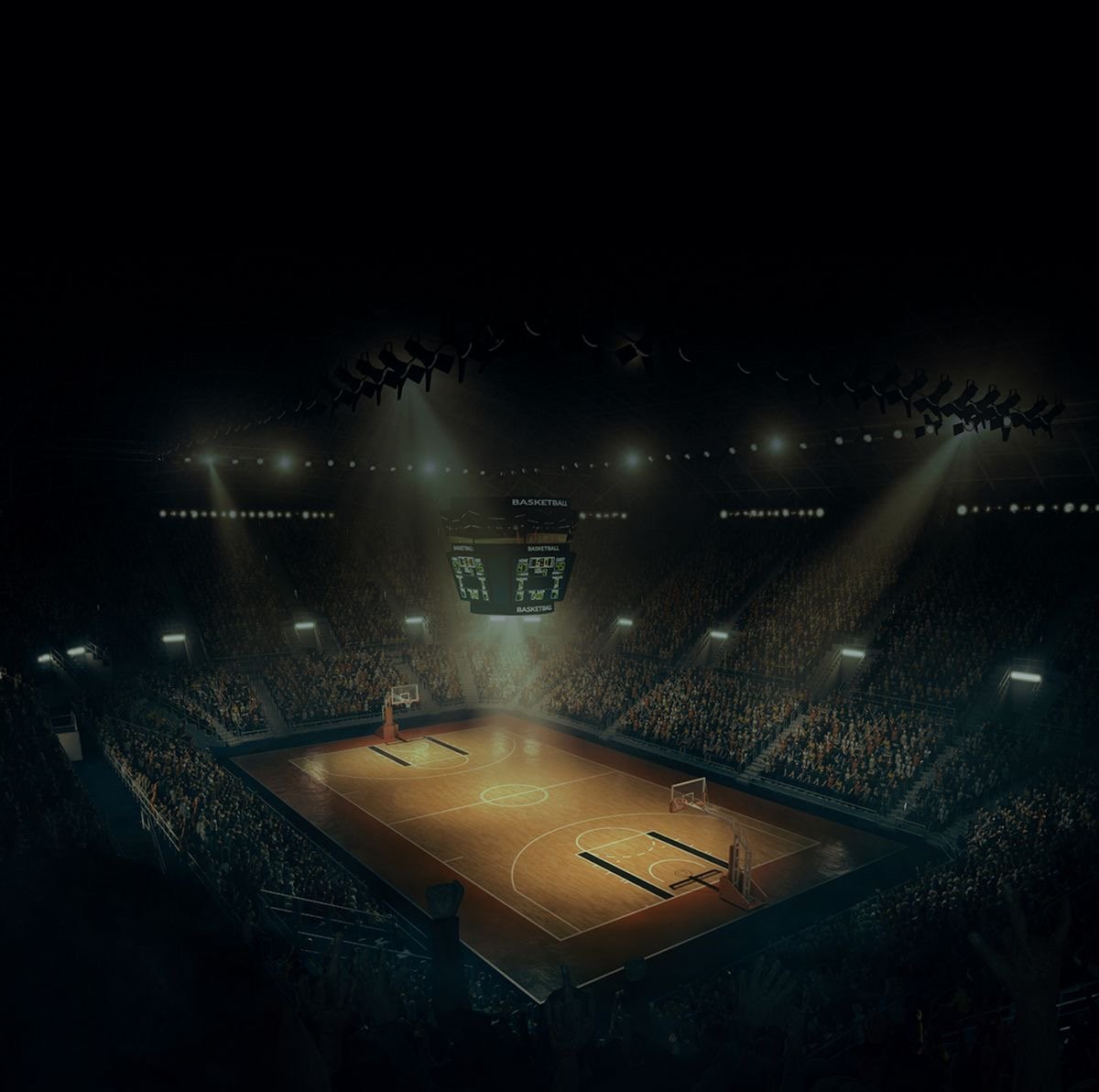Indoor basketball arena with illuminated court, crowded stands, and overhead lighting during a game