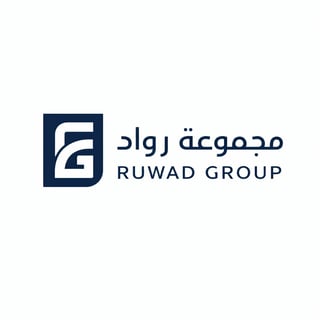 Ruwad Group logo featuring an abstract geometric design in a dark blue square with Arabic and English text