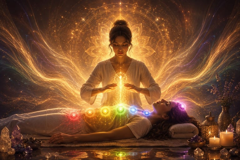 Healing practitioner with glowing hands above reclining patient, colorful chakra energy visualization, spiritual wellness scene