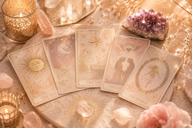 Tarot cards displayed on a mystical table setting with crystals, candles, and pink flowers in neutral tones