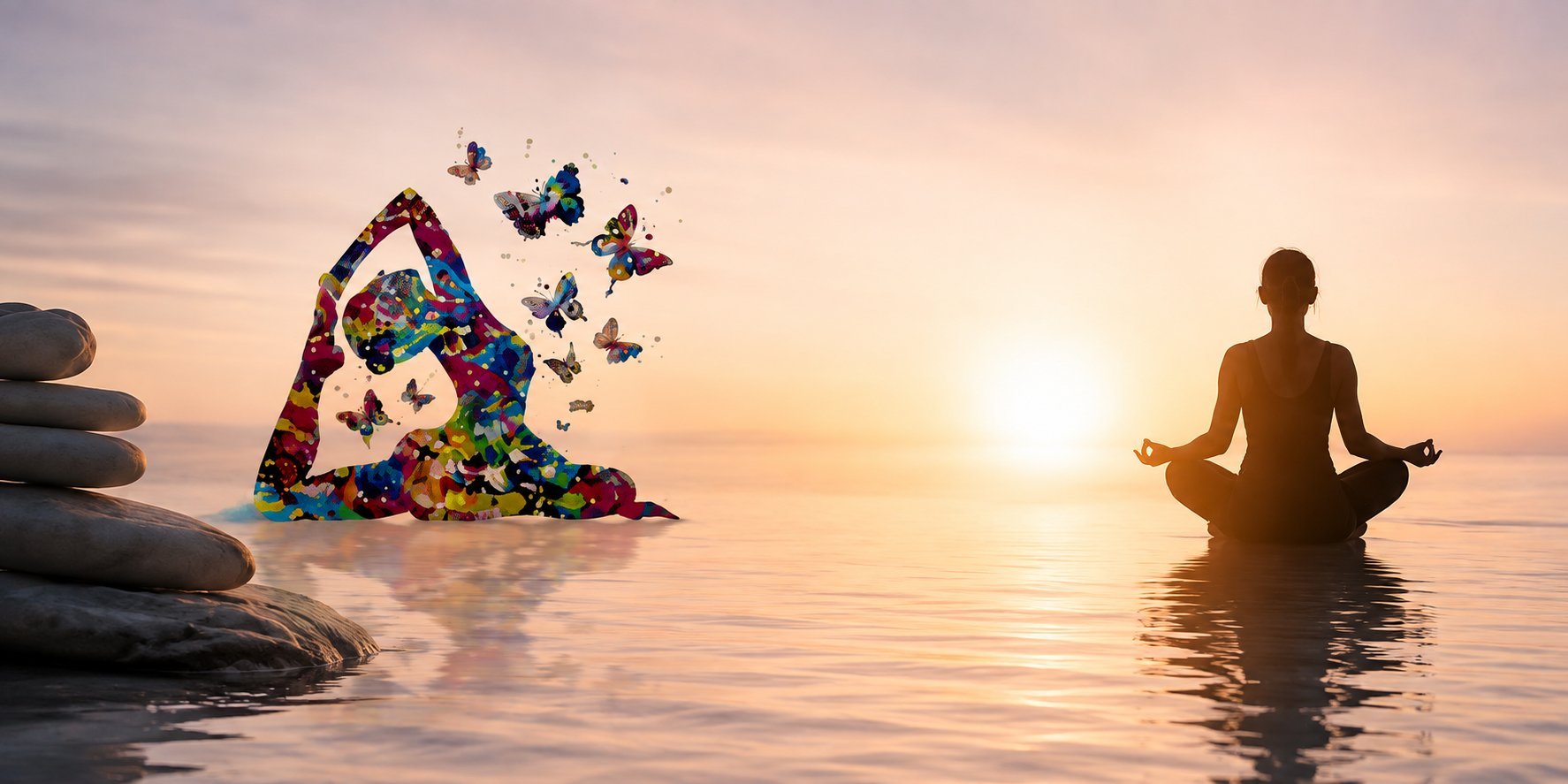 Person meditating in calm water at sunset with colorful butterflies and stones in serene landscape