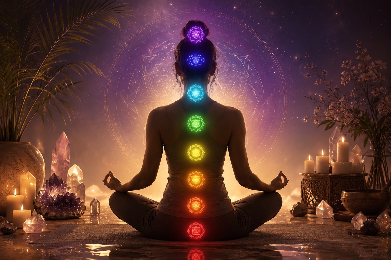 Silhouette of person meditating with glowing chakra points aligned along the spine, surrounded by candlelight and plants