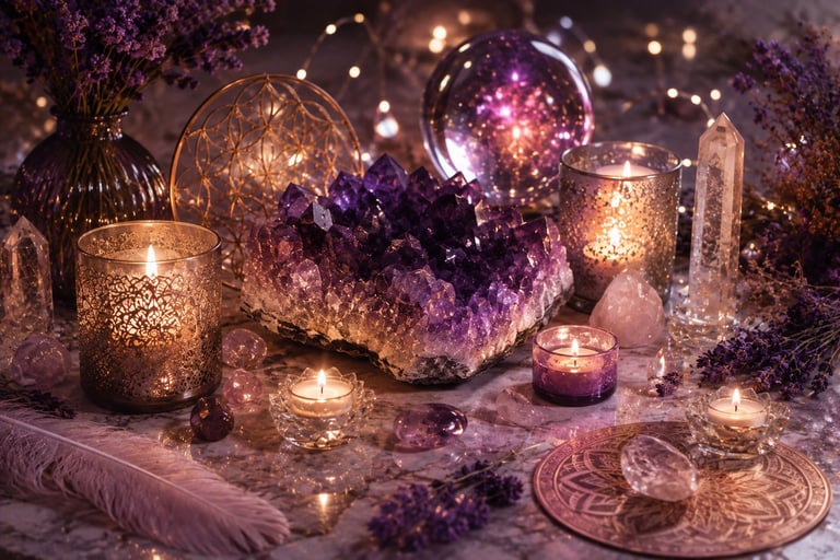 Mystical altar display with glowing orbs, amethyst geodes, gold candle holders, and ornate metal plates on purple fabric