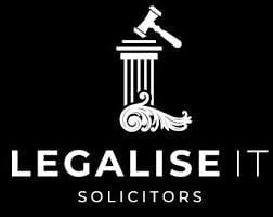 Legalise IT Solicitors logo featuring a judges gavel on a classical column pillar with scales of justice symbol