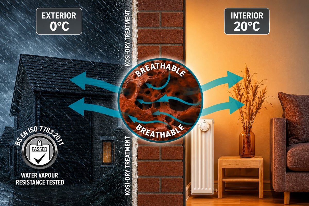 Diagram showing breathable brick material allowing moisture transfer between cold exterior (0°C) and warm interior (20°C) with water vapor resistance tested certification