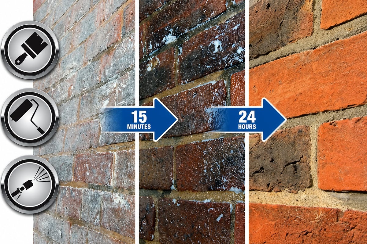 Before and after brick restoration showing weathered and damaged brick transforming to clean, restored orange brick with application icons and timeline arrows