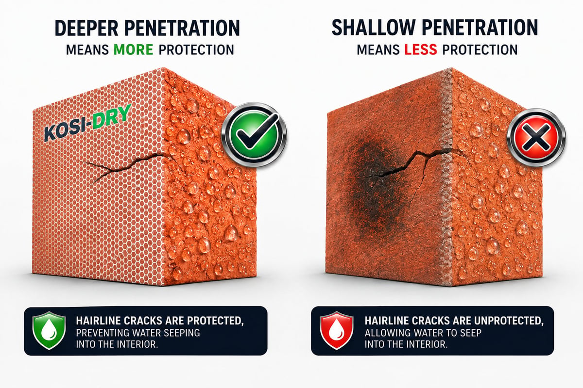 Comparison of brick penetration depths showing deeper penetration with more protection vs shallow penetration with less protection and hairline crack vulnerability