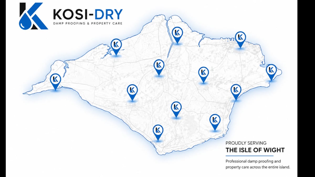 KOSI-DRY service map of the Isle of Wight showing location pins across the island for damp proofing and property care services