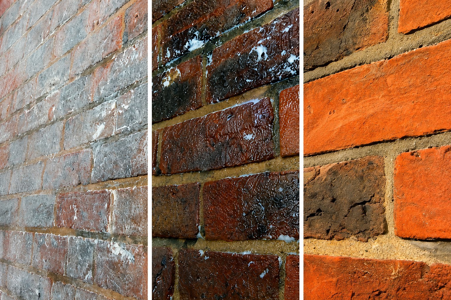 Three close-up views of weathered brick walls showing different stages of aging, deterioration, and color variations from light tan to deep orange-red