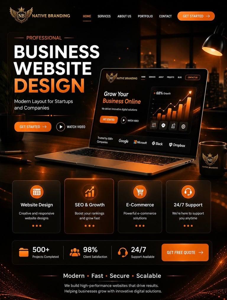 Professional website design landing page showcasing business web design services with laptop mockup and orange branding elements