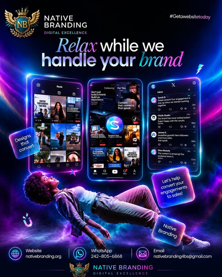 Native Branding digital marketing service advertisement showing man relaxing with neon glowing phones displaying social media content examples