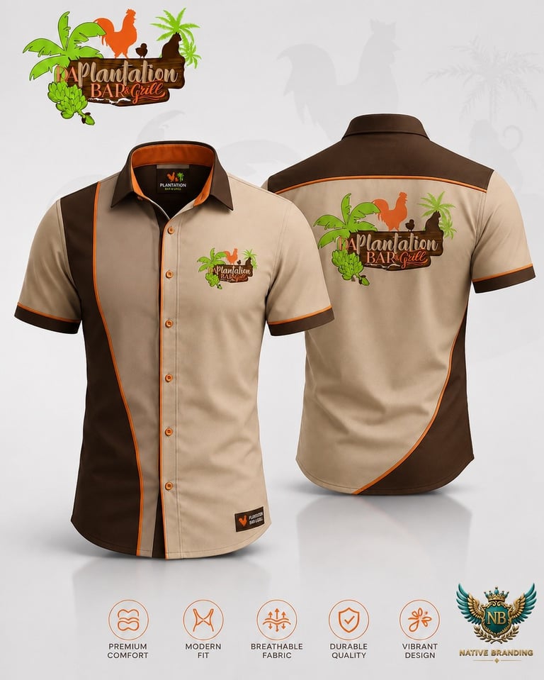 Plantation Raided brown and tan two-tone polo shirt displayed front and back with tropical logo design