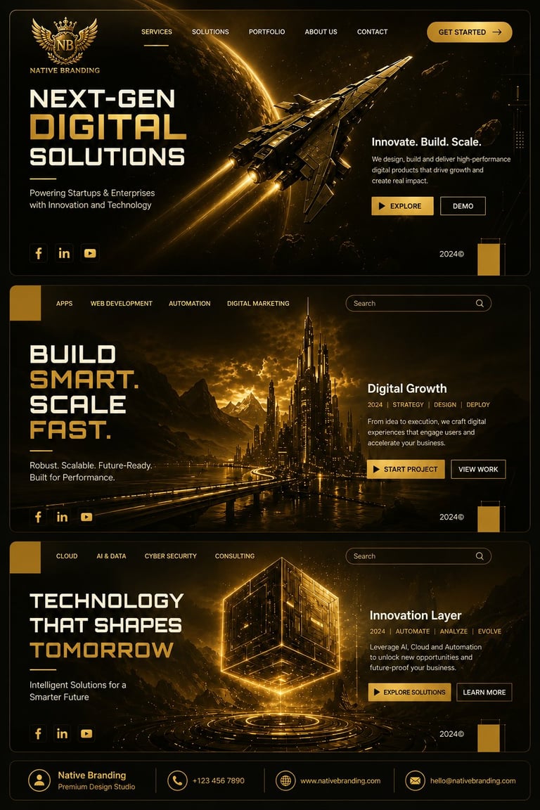 Native Branding digital solutions website homepage with gold and black theme showcasing innovation, web development, and technology services