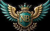 Ornate emblem with NB initials, golden crown, teal and gold wings, shield, and laurel wreath on black background