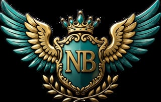 Ornate emblem with NB initials, golden crown, teal and gold wings, shield, and laurel wreath on black background