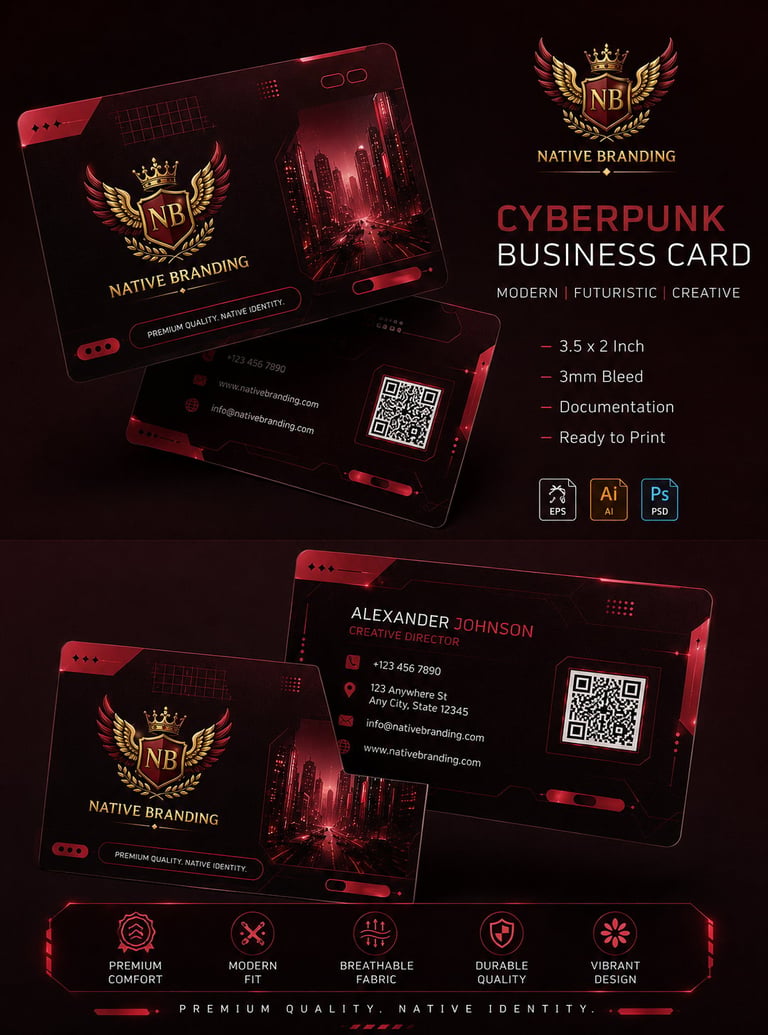 Cyberpunk-themed business card design for Native Branding featuring futuristic red and black aesthetics with gold accents