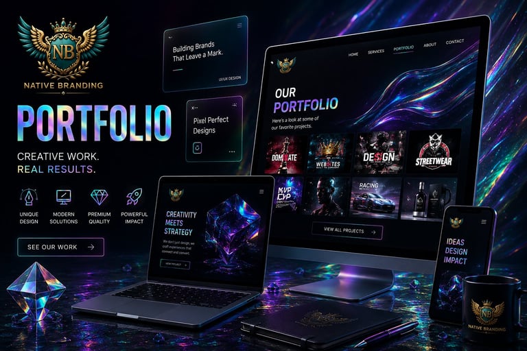 Native Branding digital portfolio website displayed on multiple devices including laptop, tablet, and smartphone with purple and blue neon graphics