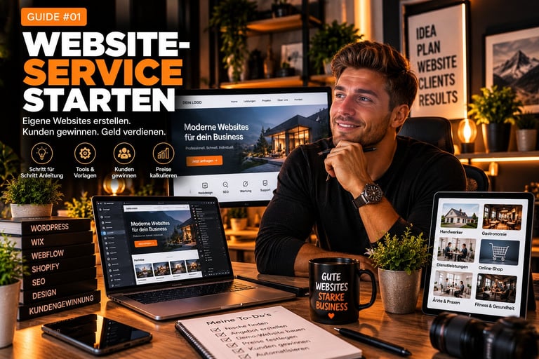 Mann am Schreibtisch mit Laptop und Tablet mit Website-Design-Guide, umgeben von Pflanzen und Büroausstattung