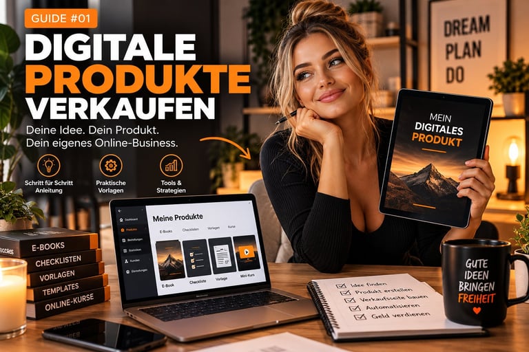 Frau am Schreibtisch mit einem Digitalprodukt-Guide, umgeben von Laptop, E-Books und Marketingmaterial