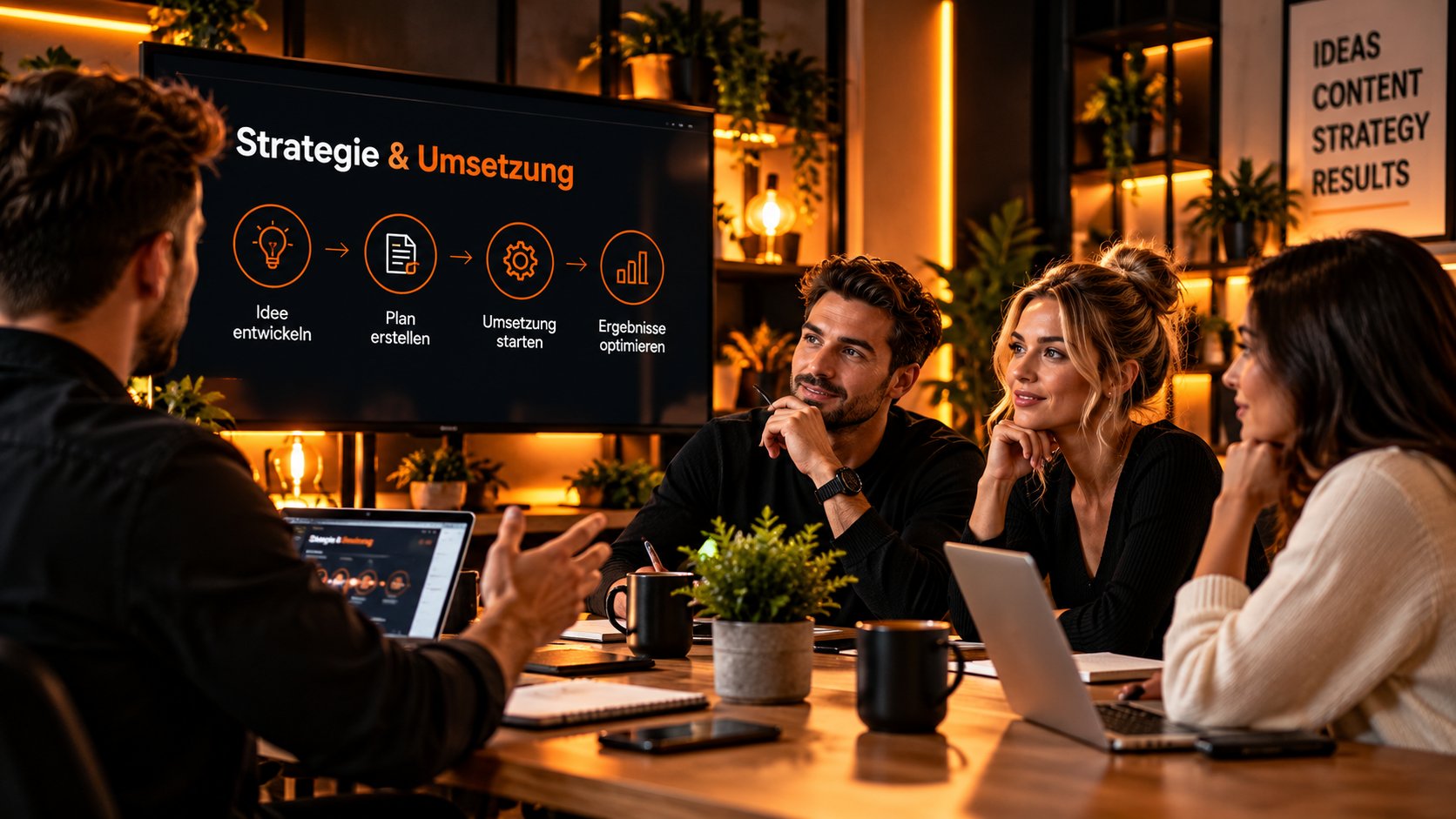 Team bespricht im Meeting die Umsetzungsstrategie, im Hintergrund eine Präsentation mit Idee, Plan, Umsetzung und Ergebnissen