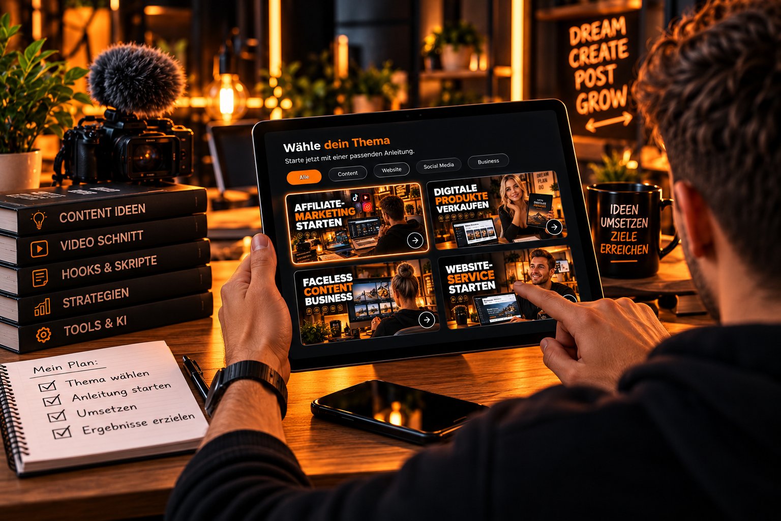 Person hält ein Tablet mit Website-Vorlage am Schreibtisch, daneben eine Checkliste