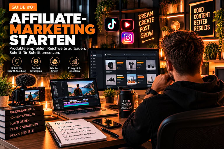 Person am Schreibtisch mit Laptop und Leuchtschildern zum Thema Affiliate-Marketing, dazu TikTok-, YouTube- und Instagram-Symbole