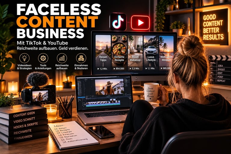 Content-Creatorin am Schreibtisch mit Videoschnitt-Software, TikTok- und YouTube-Symbolen und Konzept für ein Faceless-Content-Business