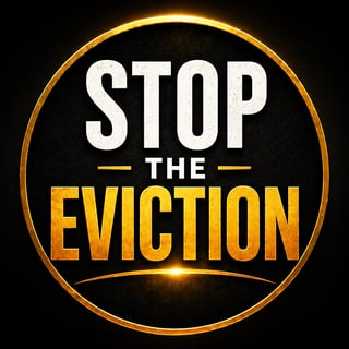 Stop the Eviction campaign badge with gold circular border on black background