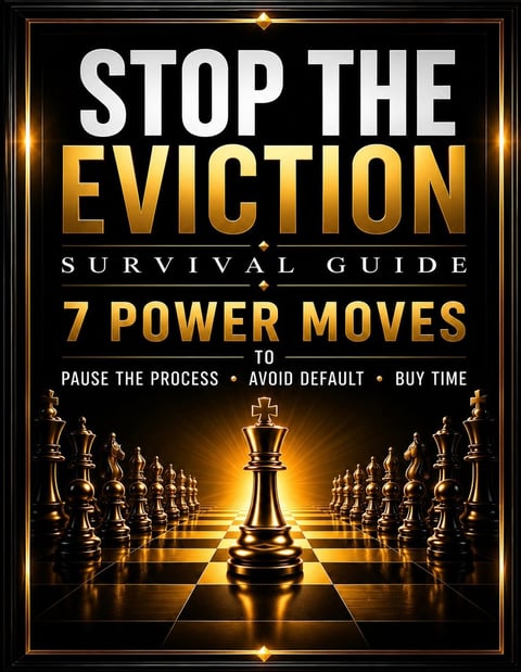 Book cover for Stop the Eviction Survival Guide featuring a glowing chess queen surrounded by other pieces on a golden board