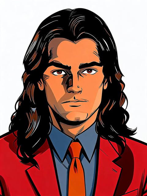Illustration of a man with long black hair wearing a red blazer, blue shirt, and orange tie