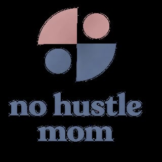 No Hustle Mom logo with geometric shapes in mauve, blue, and gray tones